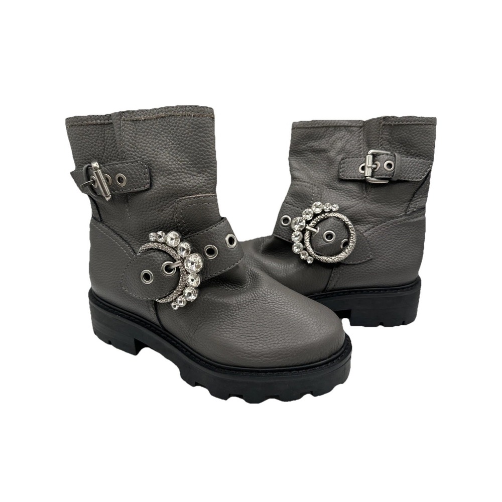 NEW KARL LAGERFELD PARIS Marceau Jeweled Gray Leather Ankle Boots Sz 5.5 M NEW